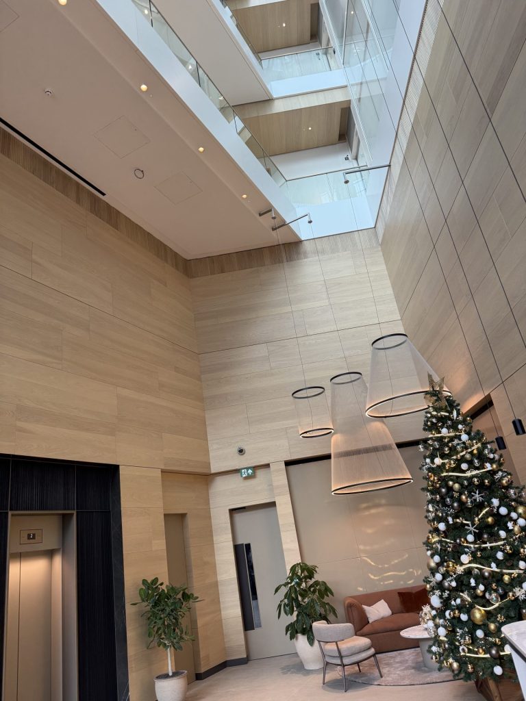 Modern lobby with Christmas tree